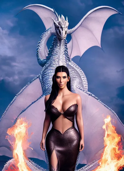 Image similar to full-body photograph of Kim Kardashian as Daenerys Targaryen riding a dragon blowing a flame, dracarus, majestic lighting, XF IQ4, 150MP, 50mm, F1.4, ISO 200, 1/160s, natural light