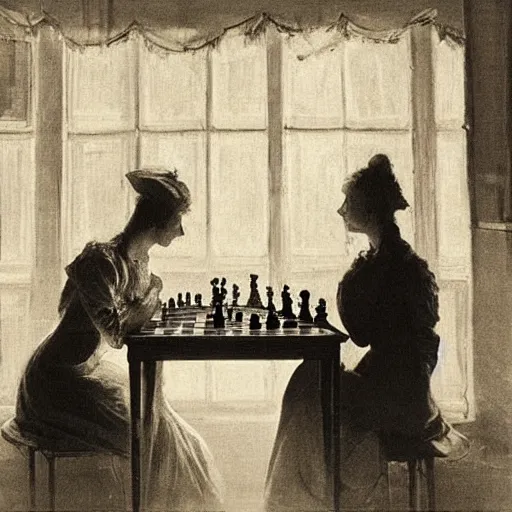 Prompt: two young edwardian women playing chess by a window at night, a beach reflecting moonlight is visible in the background, in the style of anders zorn