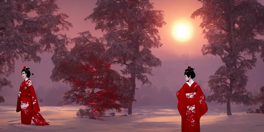Prompt: a full body geisha with a cat skull head, wearing a red kimono, standing in center of the snow surrounded by magical trees with a massive red sun setting on the horizon cinematic octane render 8 k trending on artstation