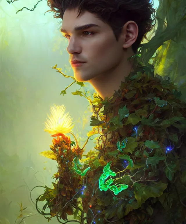 Prompt: a male! spore druid with leaf and vine themed clothing, fully clothed, glowing energy, d & d, fantasy, intricate, cinematic lighting, highly detailed, digital painting, artstation, concept art, smooth, sharp focus, illustration, subject in the middle of the frame, art by artgerm and greg rutkowski and alphonse mucha
