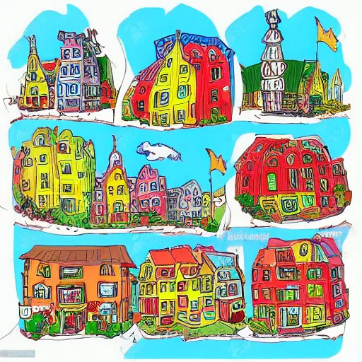 Image similar to buildings, village, town, drawn by dr. suess, colorful