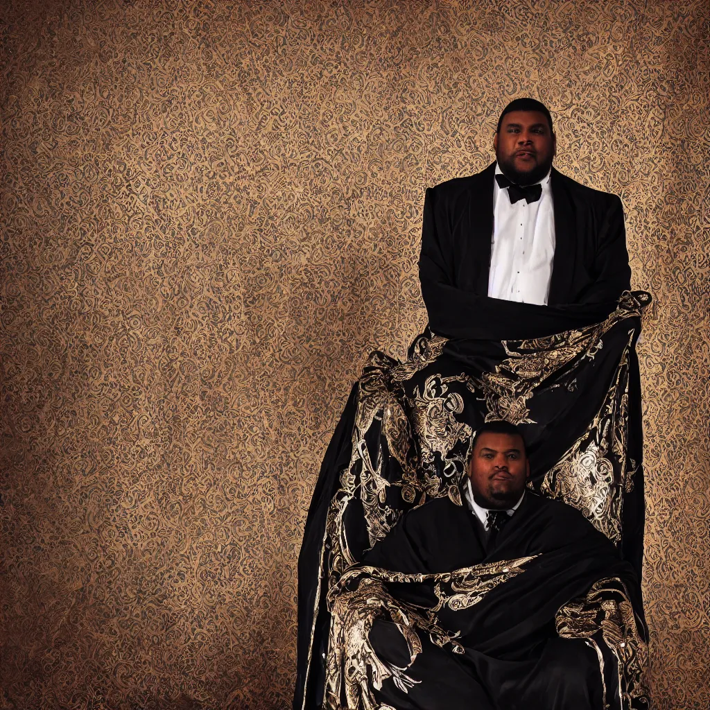 Image similar to Large black man sitting on throne wrapped in silk, background made of large folding curtains, dimly lit, dark, blacklight photography