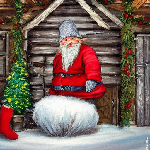 Prompt: portrait painting of scandinavian gnome in barn, winter clothes, very very very very very beautiful christmas art, wood and hay, masterpiece, realistic and detailed