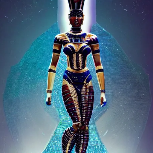 Image similar to full body portrait of the muscular Egyptian Android Pharaoh Queen, by DC comics and Sandra Chevrier and beeple, artstation, volumetric lighting and fog, hyperrealism, hyper detailed futuristic royalty, award winning costume design, cybernetic bionic ancient cyborg, fashion show runway, futuristic fine textures, woven with electricity, high fashion superpowers, floating dust particles, bokeh, mystic haze, 4k UHD, HDR