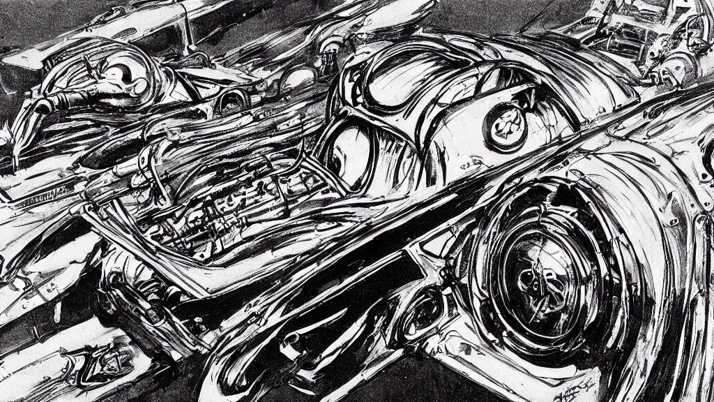 Image similar to 1960\'s race cars, art by Giger, style of red line anime movie, centered