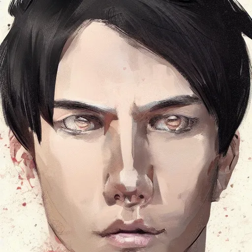 Prompt: Anime portrait of a man by Ilya Kuvshinov, he is about 30 years old, short black hair with bangs, his features are a mix between French, Turkish and Russian and he is wearing a beige and black utility jumpsuit, highly detailed portrait, digital painting, artstation, concept art, smooth, sharp foccus ilustration, Artstation HQ