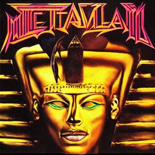 Prompt: the cover to a 1 9 8 8 metallica album titled'the fiery pharaoh'