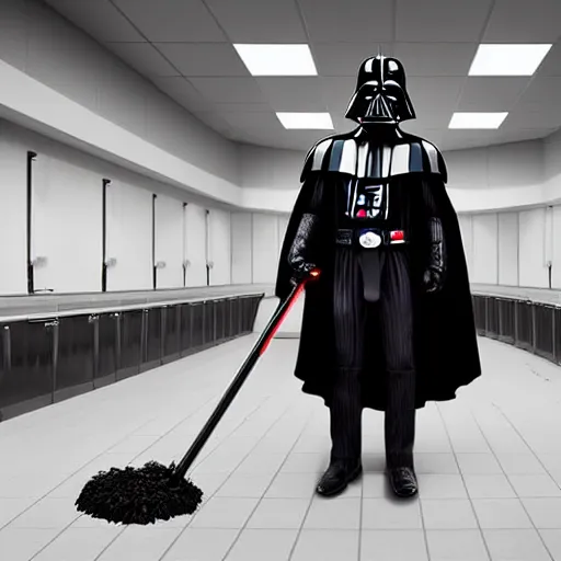 Prompt: darth vader as a high school janitor, 4 k, high detail, high - resolution photograph, professional photography, ultra - detail