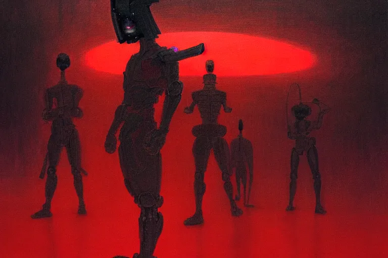 Image similar to only with red, a red cyborg samurai, tokio futuristic in background, some evil yokai fight, in the style of beksinski, parts by edward hopper, parts by rodcenko, parts by yue minjun, intricate and epic composition, red by caravaggio, insanely quality, highly detailed, masterpiece, red light, artstation, 4 k