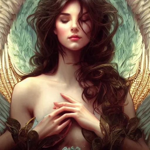 Image similar to a photograpic portrait of a pretty woman, angel, fantasy, intricate, elegant, highly detailed, digital painting, artstation, concept art, smooth, sharp focus, illustration, art by artgerm and h r giger and alphonse mucha