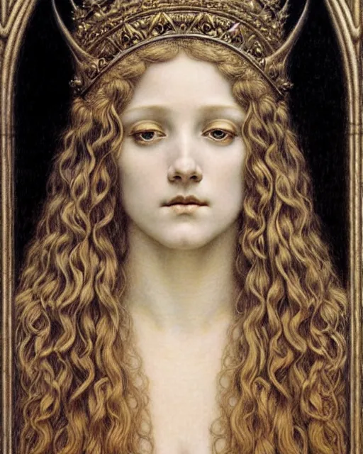 Image similar to detailed realistic beautiful young medieval queen face portrait by jean delville, gustave dore and marco mazzoni, art nouveau, symbolist, visionary, gothic, pre - raphaelite. horizontal symmetry