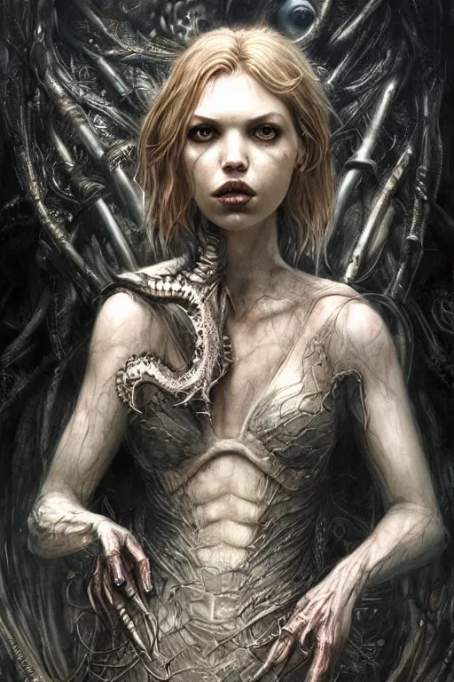 Image similar to portrait of hannah murray by hr giger, greg rutkowski, luis royo and wayne barlowe as a diablo, resident evil, dark souls, bloodborne monster