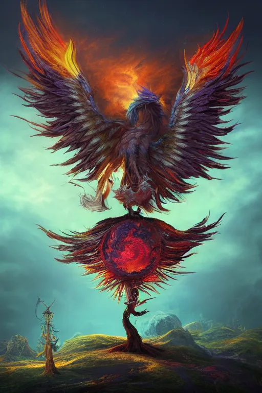 Image similar to phoenix rising from the ashes alexander jansson : 1 | centered, psychedelic, colorful, matte background : 0. 9 | by jim henson : 0. 7 | dave melvin : 0. 4 | unreal engine, deviantart, artstation, octane, finalrender, concept art, hd, 8 k resolution : 0. 8