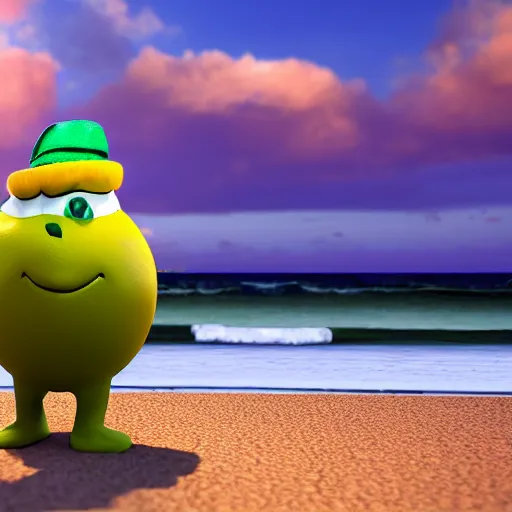 Prompt: 3 d render, of anthropomorphic green lemon character, with lemon skin texture, he is wearing a hat, building a sandcastle on the beach at sunset, beach, huge waves, sun, clouds, long violet and green trees, rim light, cinematic photography, professional, sand, sandcastle, volumetric lightening