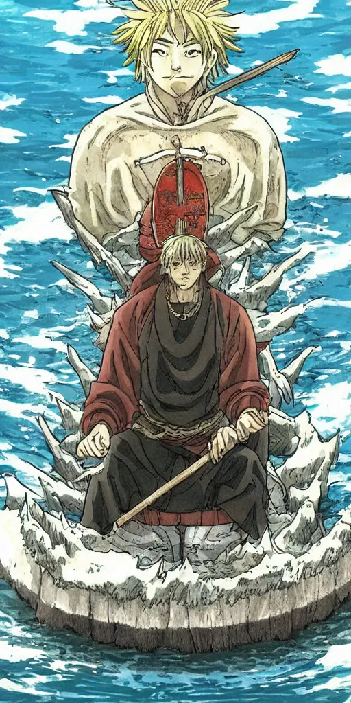 Image similar to a lone king sitting on a throne floating on water in the middle of a lake drawn by Makoto Yukimura in the style of Vinland saga anime, full color