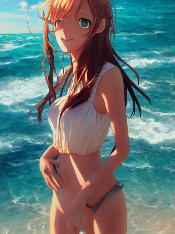 Image similar to An anime portrait of a smiling woman on the beach near the ocean, by Stanley Artgerm Lau, WLOP, Rossdraws, James Jean, Andrei Riabovitchev, Marc Simonetti, and Sakimi chan