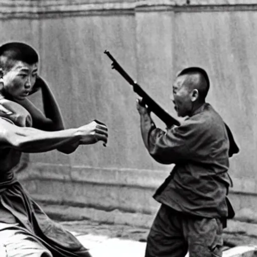 Prompt: a shaolin monk in the army, screaming and firing an automatic rifle