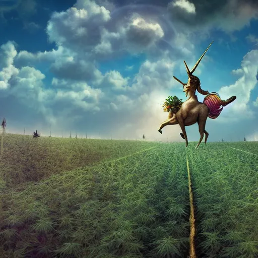 Prompt: a unicorn with wings dancing in a field of tall marijuana plants with a psychedelic sky,, ultra realistic, concept art, intricate details, highly detailed, photorealistic, octane render, 8 k, style of jean baptiste monge