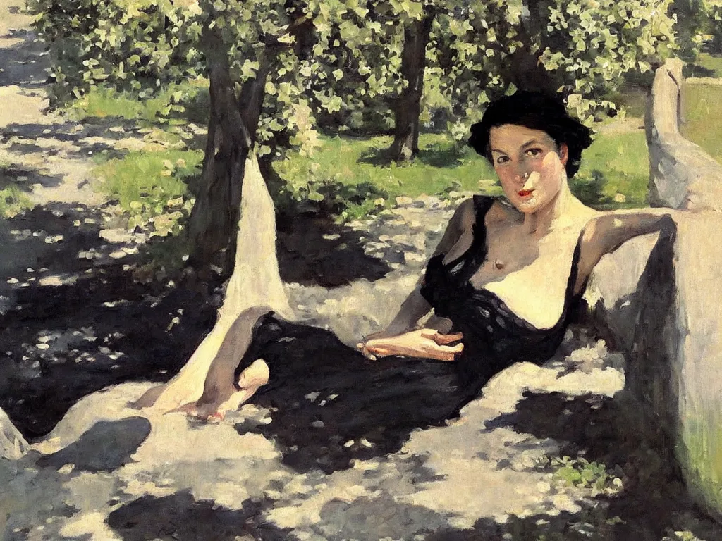 Image similar to portrait of a dark lady in summer heatwave, painting by stanhope forbes, oil on canvas