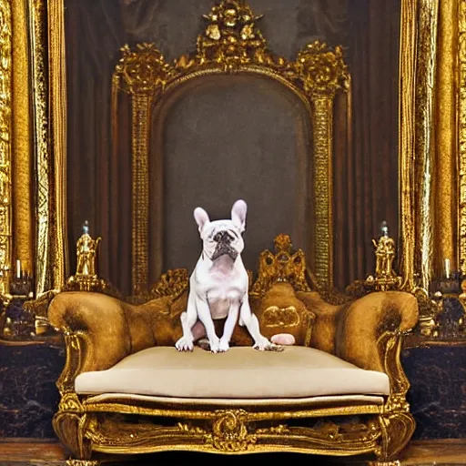 Image similar to 8k highly detailed photo by David Bailey of A French Bulldog Louis XIV, decadent throne room, the other animals prostrate themselves before the throne, French architecture