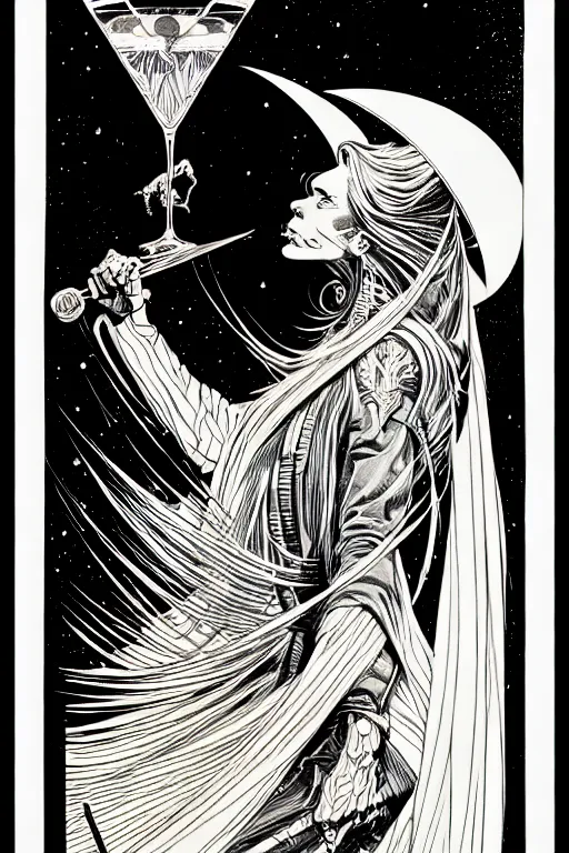 Image similar to side view of a majestic wizard holding a martini, high details, bold line art, by vincent di fate and joe fenton, inking, etching, screen print, masterpiece, trending on artstation, sharp, high contrast, hyper - detailed,, hd, 4 k, 8 k