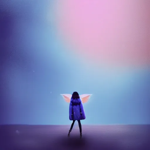 Image similar to many giant droplets of water floating around a flying girl with wings, sky blue straight hair, low - angle shot from behind, blue coat, fur scarf, ultra fine detail, dark theme, realistic painting, photography, psychedelic, film still, cinematic, wlop, ilya kuvshinov, ismail inceoglu,