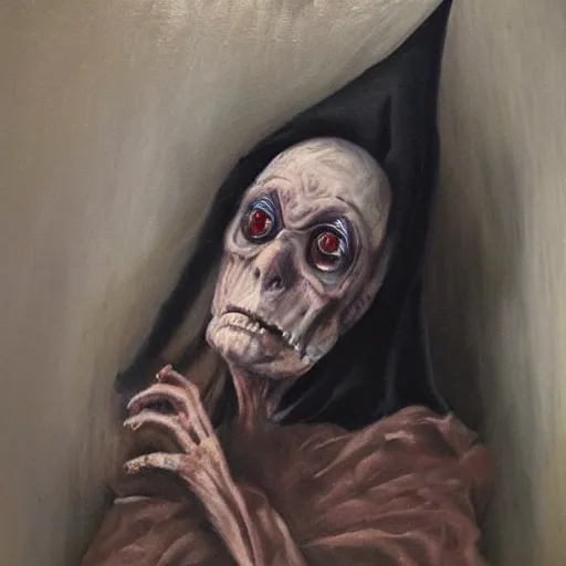 Image similar to creepy old cursed witch watching you sleep, eerie, haunted, oil painting