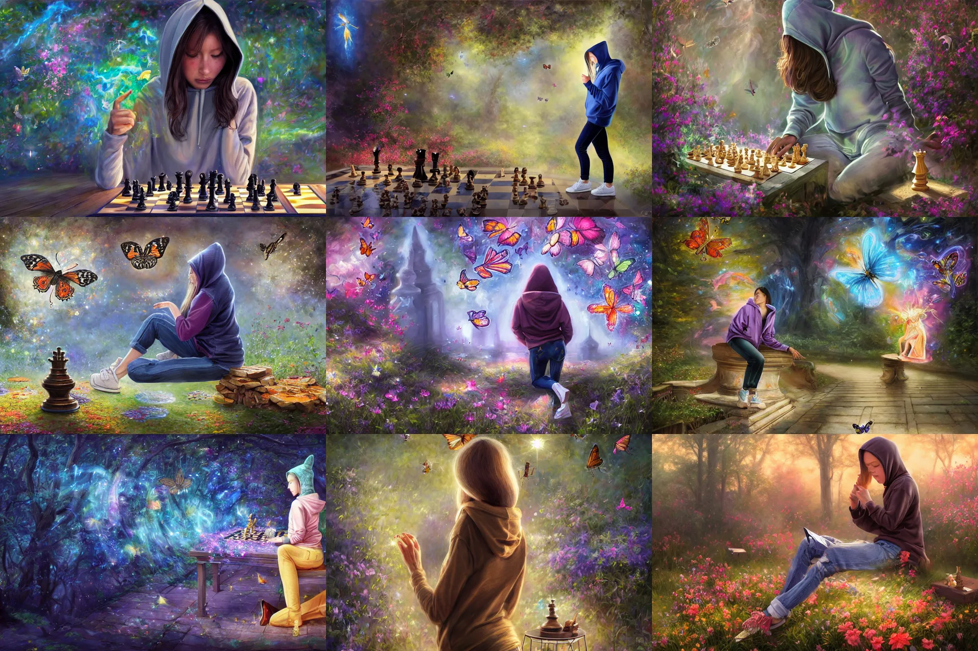 Prompt: distant full long wide view shot. chess player woman in a hoodie, jean pants, sneakers, enchanting an illusory spell. butterflies, flowers, fireflies, spirits, digital painting, detailed, colorful aura, 8 k, trending on artstation, smooth, sharp focus artwork by mark arian, artgerm, mark keathley, greg rutkowski