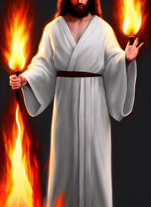 Image similar to « full length portrait of the white - tailed jesus in a white robe and flame in eyes, seven stars in right hand, grim - lighting, high - contrast, intricate, elegant, highly detailed, digital painting, artstation, concept art, smooth, sharp focus, illustration »