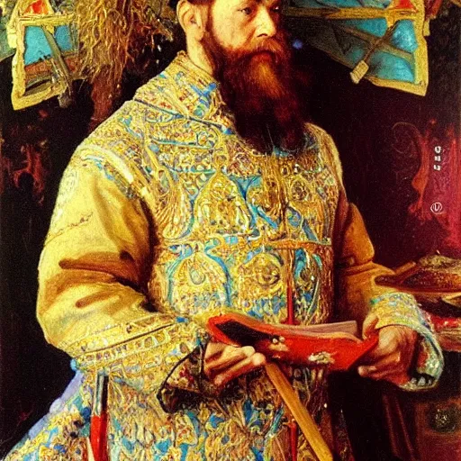 Image similar to portrait of medieval russian tsar in Cap of Monomakh sitting and holding iphone smartphone cellular masterpiece painting by vasnetsov and surikov serov, JEAN-VICTOR BERTIN, by Terence Cuneo, detailed, artfully traced, 4k resolution, cinematic, dramatic