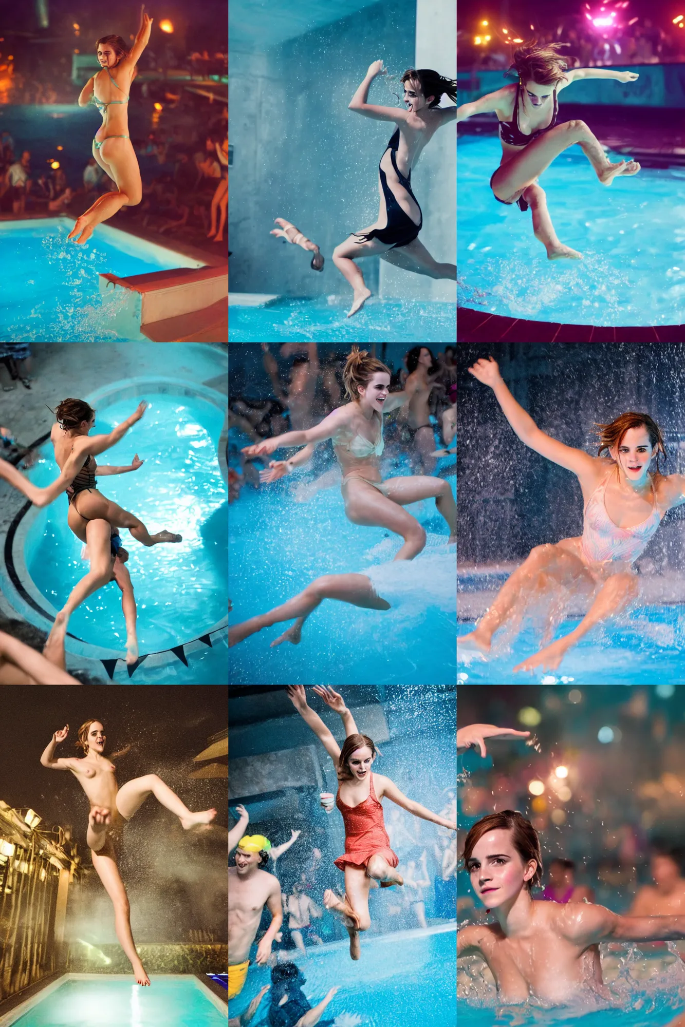 Prompt: A photo of a drunk Emma Watson jumping in the pool and partying hard in a pool party filled with people in a modern indoors pool with cyberpunk illumination at night . 4k photo, Hyper realistic