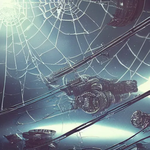 Prompt: photo of a space station infested by spiders, spider web, sci-fi, artstation, realistic