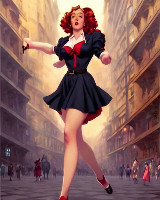 Prompt: pinup photo of hermione jean granger in the crowded square of the city, by greg rutkowski, artgerm, gil elvgren, enoch bolles, glossy skin, pearlescent, anime, very coherent, sao style anime, flat