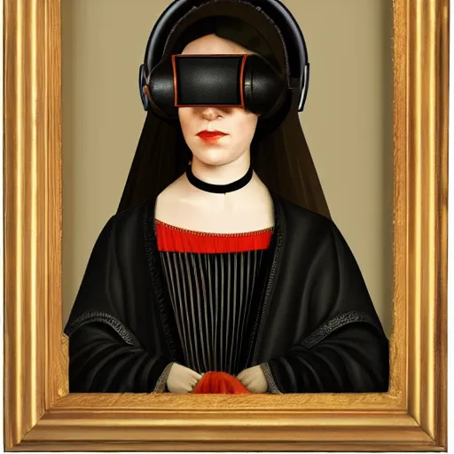 Image similar to a renaissance style portrait painting of raven winged female vampire, wearing a VR helmet and cape, dark background