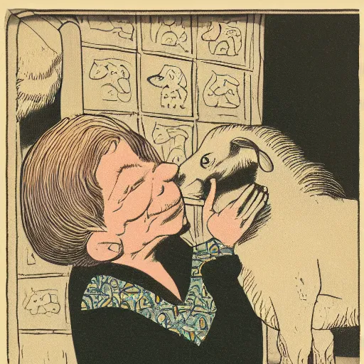 Prompt: an illustration of an old woman literally swallowing a whole goat