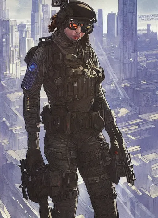 Prompt: Maria. USN female special forces operator looking at city skyline. Agent wearing Futuristic stealth suit. rb6s Concept art by James Gurney, Alphonso Mucha.