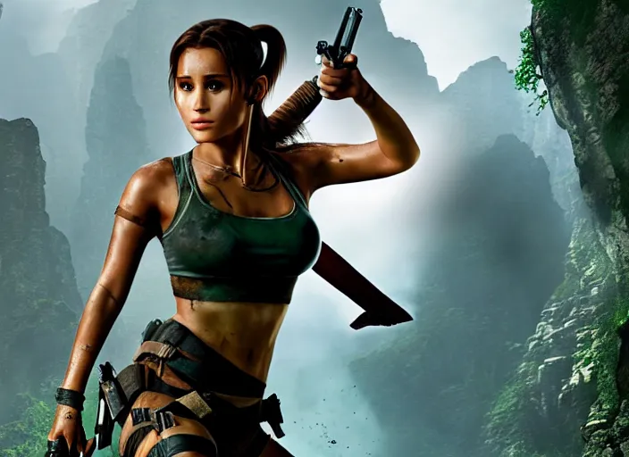 Image similar to film still of!!!! ariana grande!!! as lara croft in new tomb raider movie, 8 k