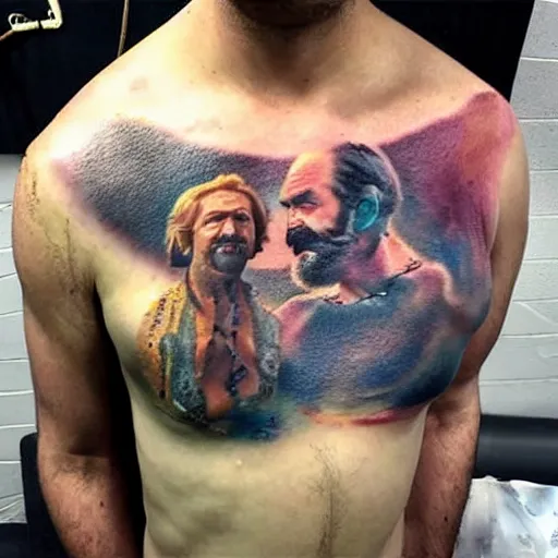 Image similar to an ultra realistic 8 k hdr photo of an award winning healed color tattoo of zardoz on a man ’ s super hairy chest