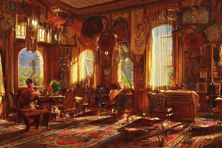 Image similar to a bohemian parlor with sunbeams streaming in from tall windows, by Donato Giancola and Ludwig Deutsch and Evelyn De Morgan, floral embroidery, carved wood, oriental carpets,rich deep color, dramatic cinematic lighting, featured on Artstation, cgsociety, unreal engine