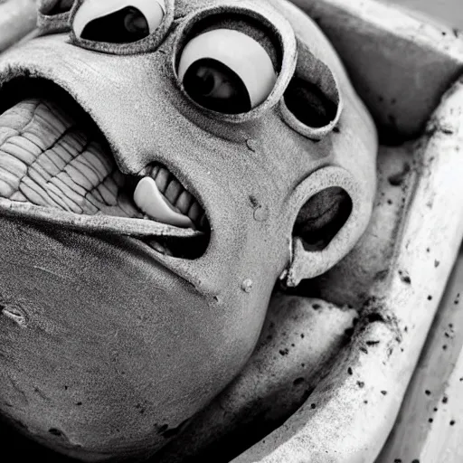 Prompt: photograph of a disgusting decomposing minion mummy lying in its sarcophagus, highly detailed