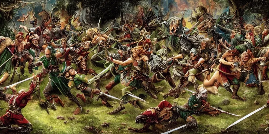 Prompt: elves and orcs are fighting , large scene , tragic