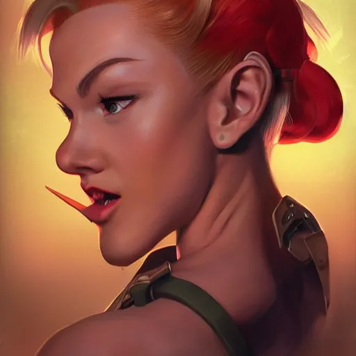 Image similar to portrait of Cammy White from Streetfighter, League of Legend illustration by Sam Youn:3, profile picture by Gil Elvgren:3, asymmetrical, Organic Painting, Ambient Occlusion:3, Matte Painting, bold shapes, hard edges, street art, trending on artstation, realistic:2 by Sachin Teng:5