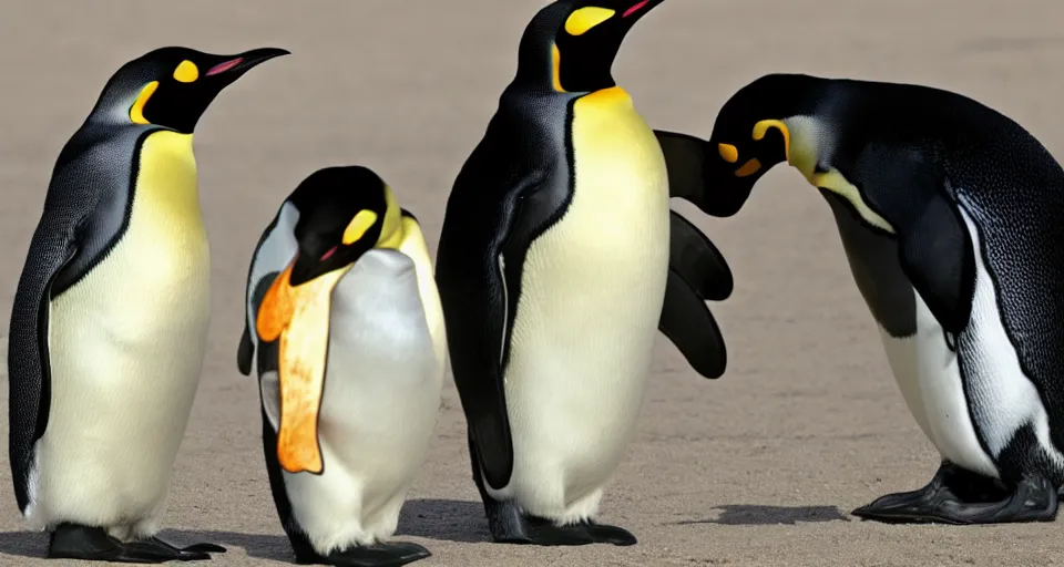 Image similar to an emperor penguin talking with a boy