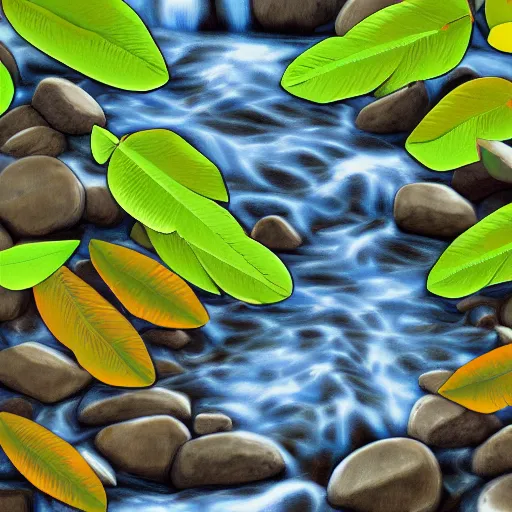 Prompt: leaves on a stream, digital art