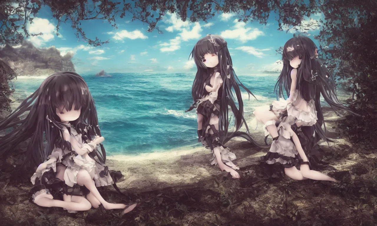 Image similar to cute fumo plush girl enigmatic gothic maiden anime girl on an abandoned island surrounded by the sea, marine seascape, vignette, vray