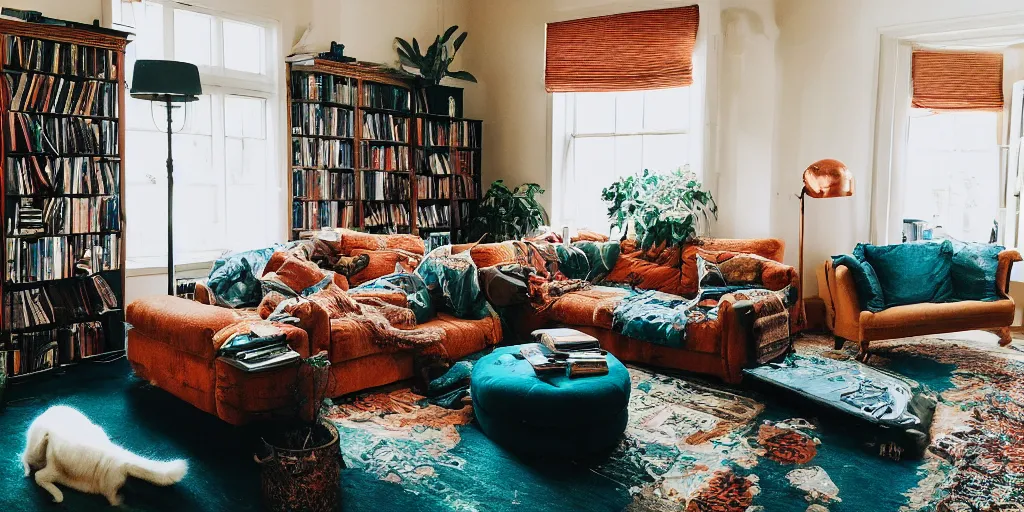 Prompt: insanely detailed wide angle photograph, atmospheric, award winning interior design living room, cat, family, dusk, cozy and calm, fabrics and textiles, colorful accents, brass, copper, secluded, many light sources, lamps, hardwood floors, book shelf, library, teal couch, desk, balcony door, plants