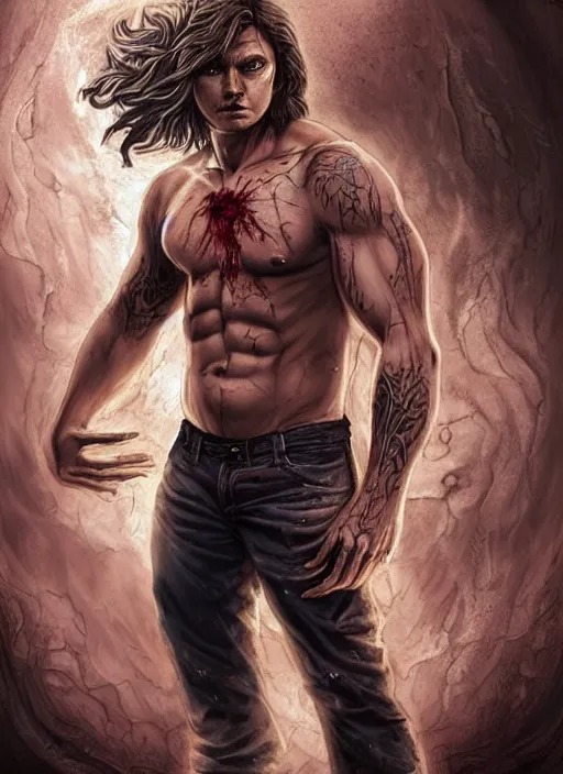 Image similar to Sam Winchester as a muscular half-blood werewolf with religious tattoos on chest and neck, stained and bleeding, magic overlays, magic flames, open portal with runes in the background, romance book cover style, D&D illustration style, (octane render) fantasy style, sharp focus, ultra detailed, art by Artgerm and Peter Andrew Jones, Ayami Kojima, Amano and Olivier Ledroit