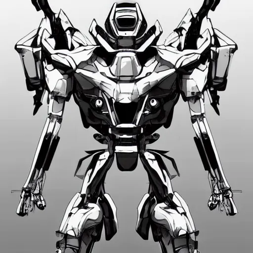 Image similar to very buff anime mecha concept art, greyscale in vector art, very symmetrical, alien and bizarre, science fiction, artstation, pinterest, adobe photoshop