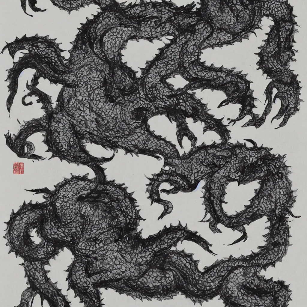 Prompt: chinese ink painting of a fleshy monster
