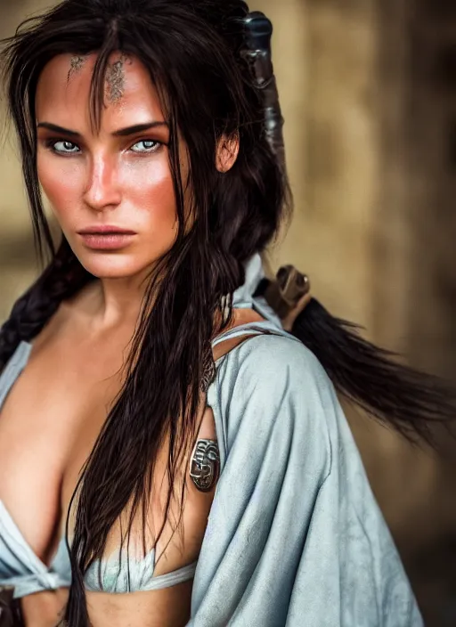 Image similar to portrait of lara croft ( wearing kimono ), by charlotte grimm, natural light, detailed face, beautiful features, symmetrical, canon eos c 3 0 0, ƒ 1. 8, 3 5 mm, 8 k, medium - format print, half body shot